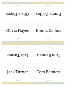 Preview of a sheet of place cards with guest names, four folded cards on one US Letter page