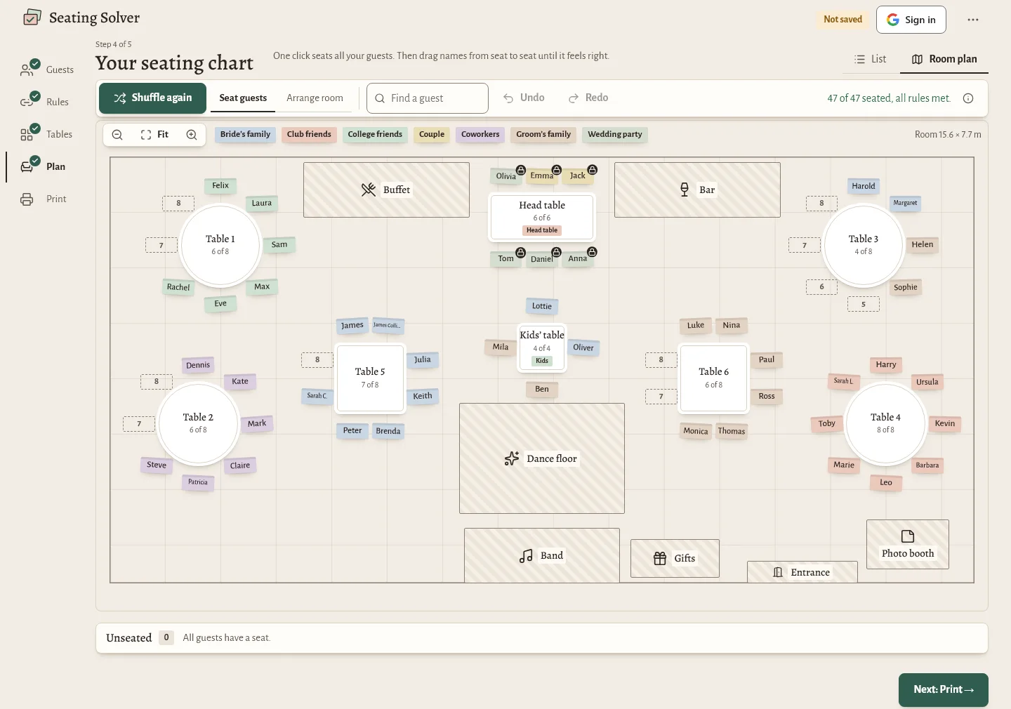 Seating Solver showing a wedding seating chart: a head table and round guest tables, guests colored by group, with the Shuffle again button